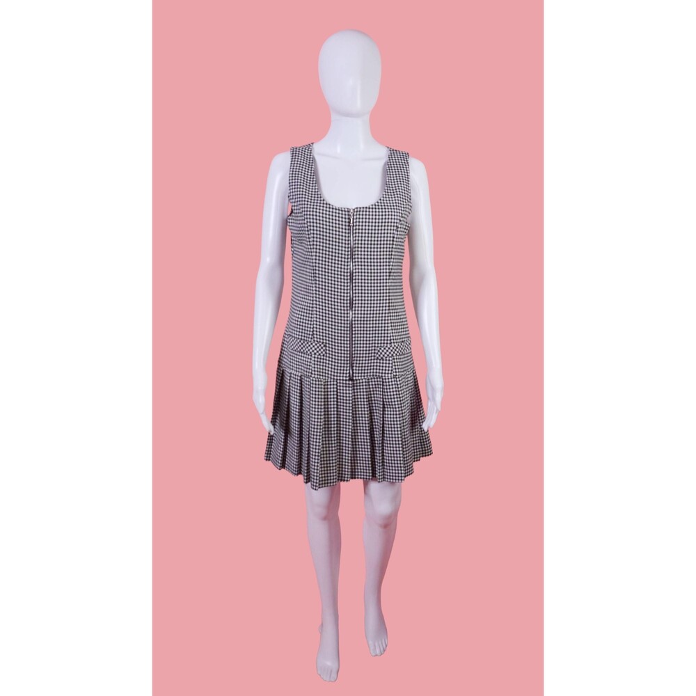 1990s CHECKERED NEW STAR Dress W/Exposed Zipper &Pleated Skirt. Medium-Large